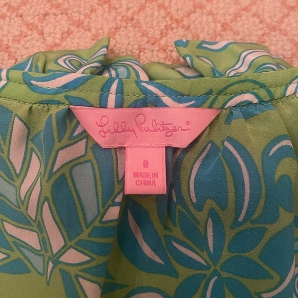 Lilly Pulitzer green blue floral 100% silk ruffle collar blouse women’s size 8 - Picture 4 of 7